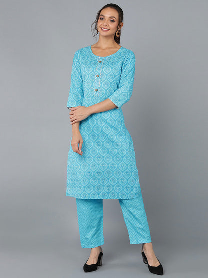 Cotton Blend Printed Straight Kurta Set (Blue)