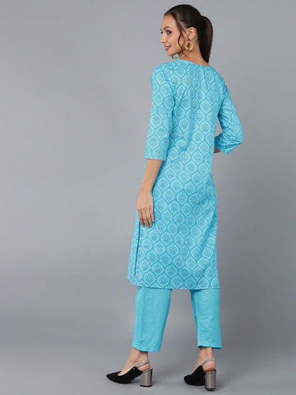 Cotton Blend Printed Straight Kurta Set (Blue)