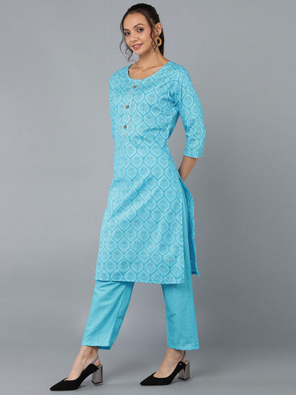 Cotton Blend Printed Straight Kurta Set (Blue)