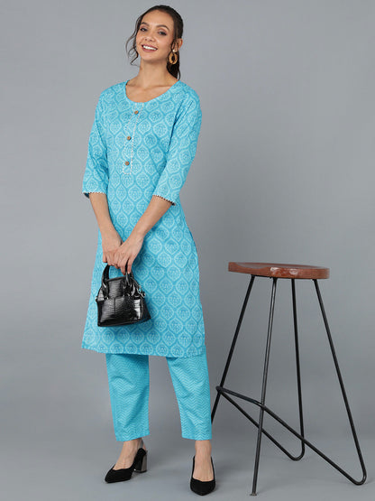 Cotton Blend Printed Straight Kurta Set (Blue)