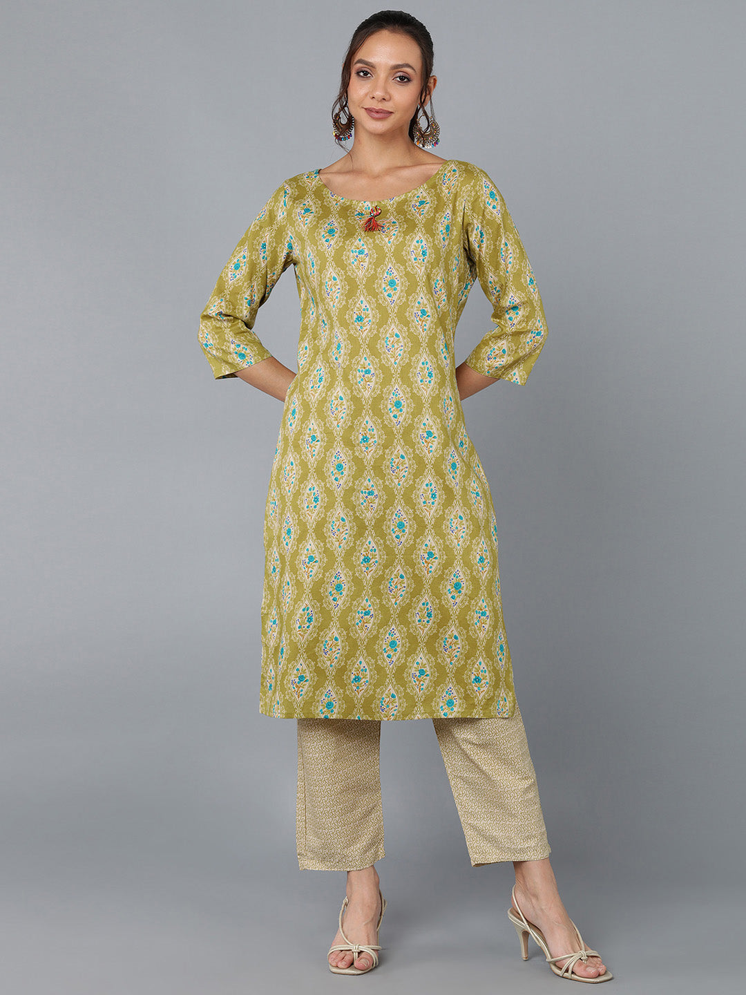 Cotton Blend Printed Straight Kurta Set (Green)