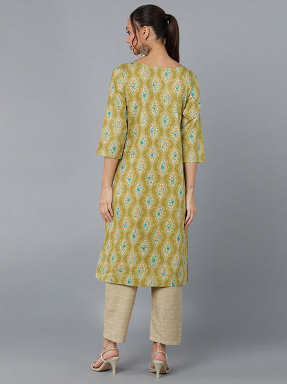 Cotton Blend Printed Straight Kurta Set (Green)