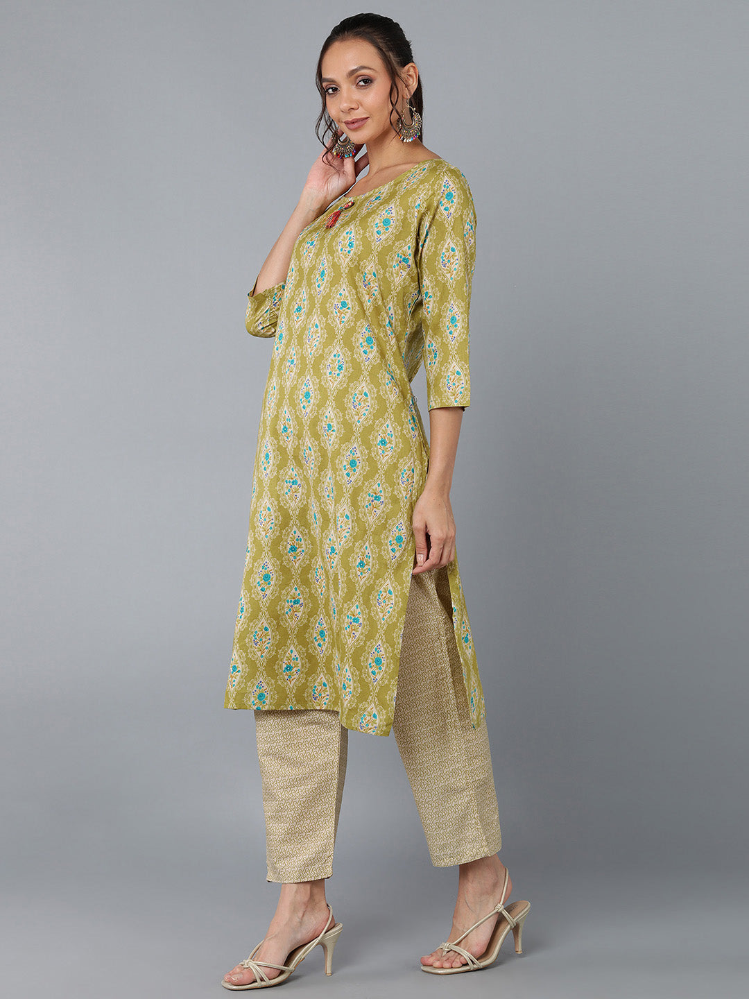 Cotton Blend Printed Straight Kurta Set (Green)