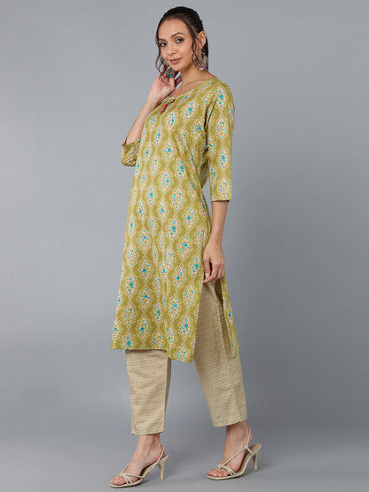 Cotton Blend Printed Straight Kurta Set (Green)