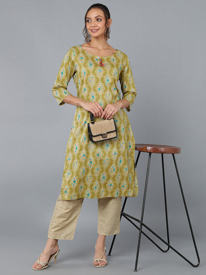 Cotton Blend Printed Straight Kurta Set (Green)