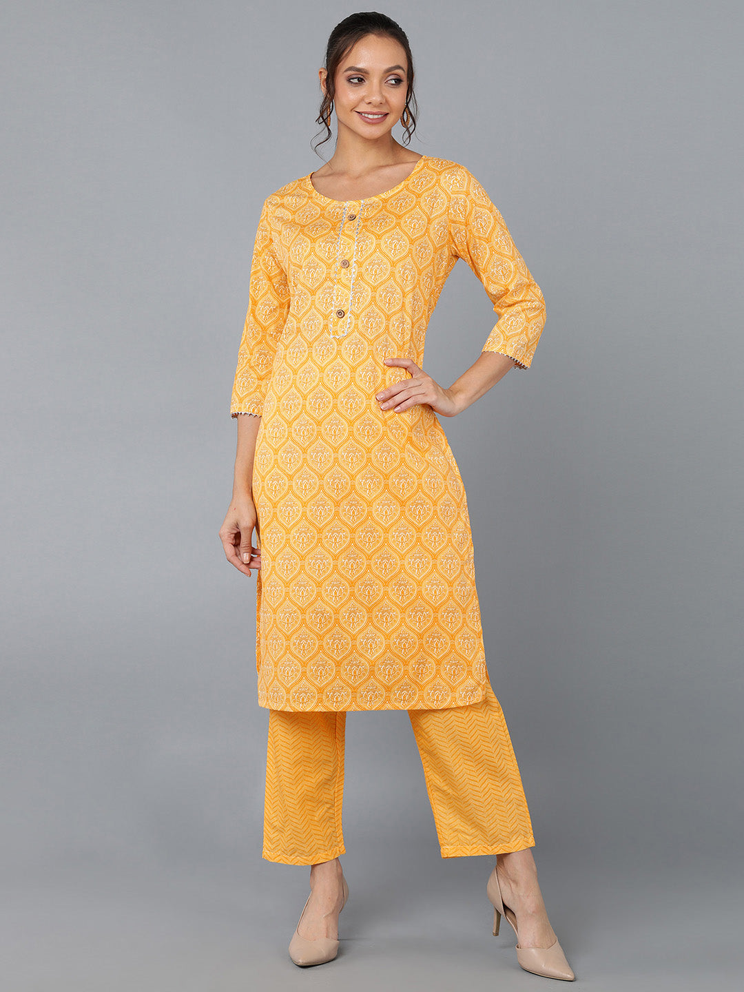 Cotton Blend Printed Straight Kurta Set (Yellow)