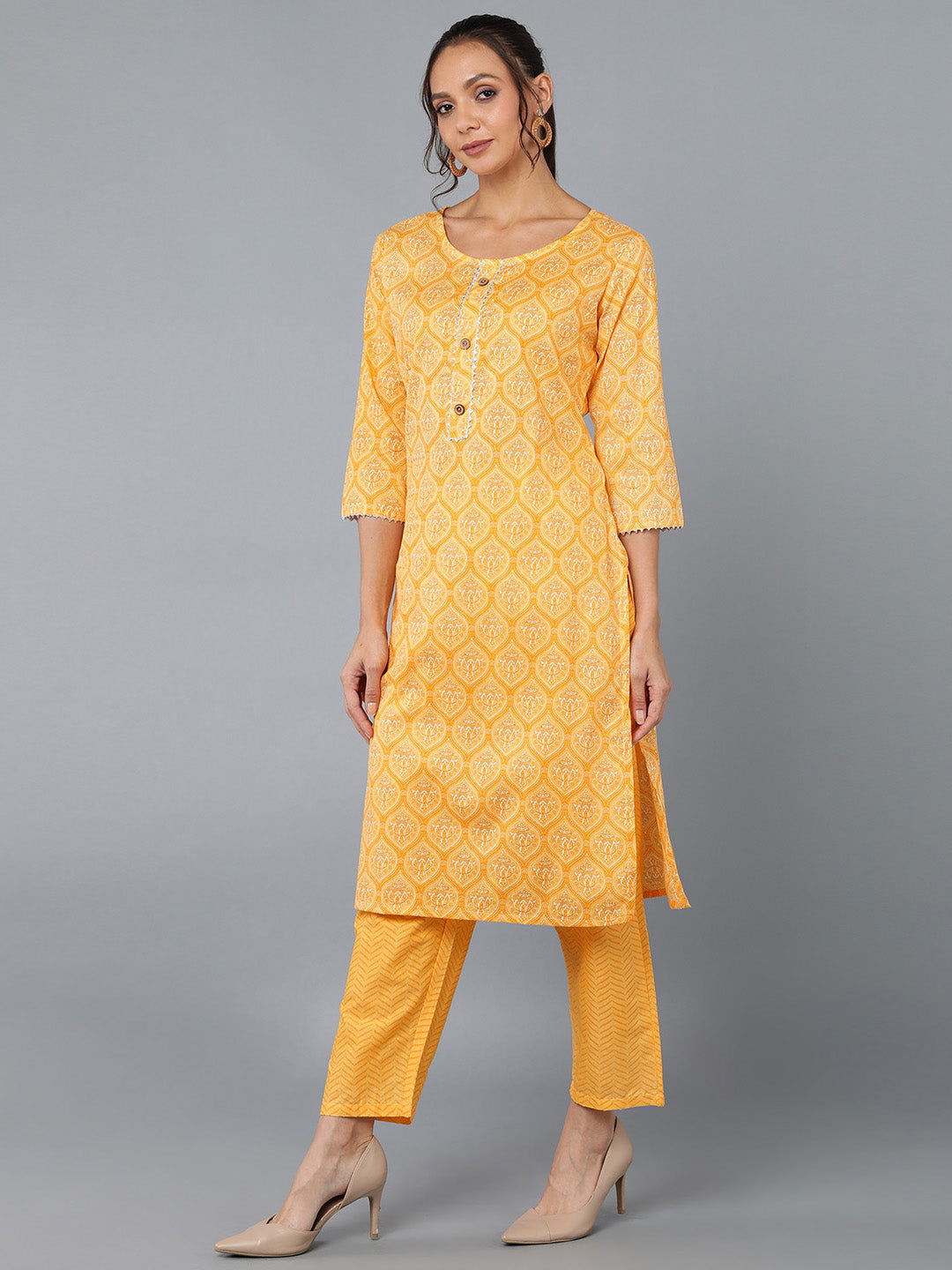 Cotton Blend Printed Straight Kurta Set (Yellow)