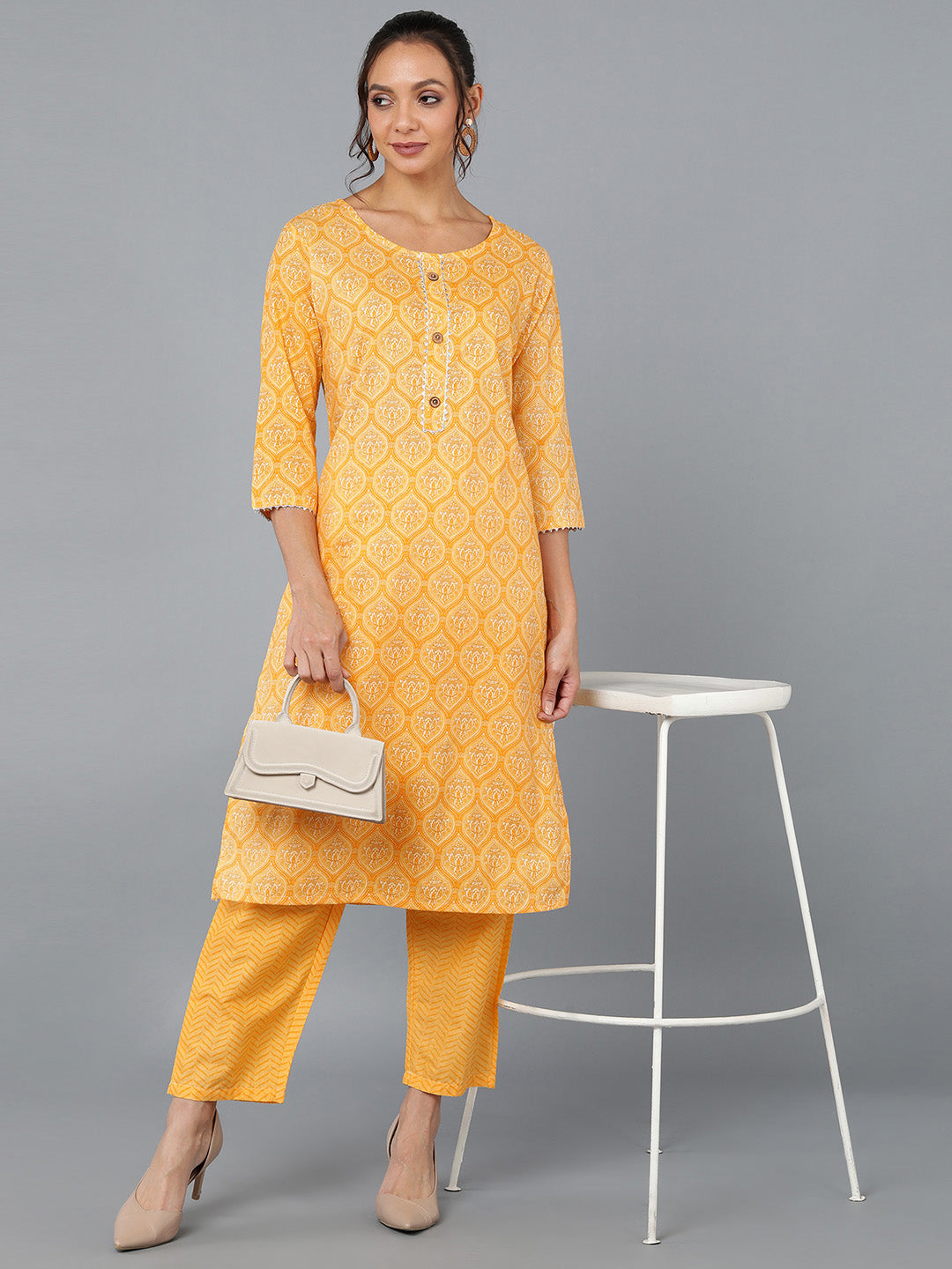 Cotton Blend Printed Straight Kurta Set (Yellow)