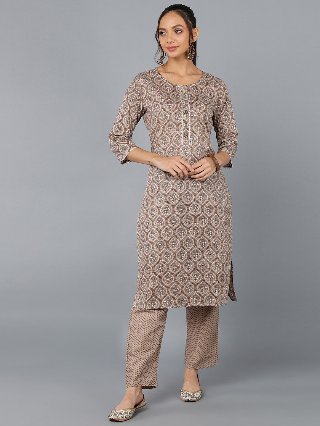 Cotton Blend Printed Straight Kurta Set (Tan)