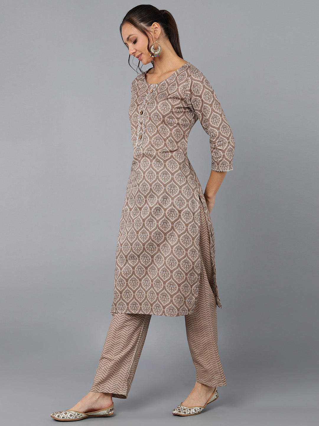 Cotton Blend Printed Straight Kurta Set (Tan)