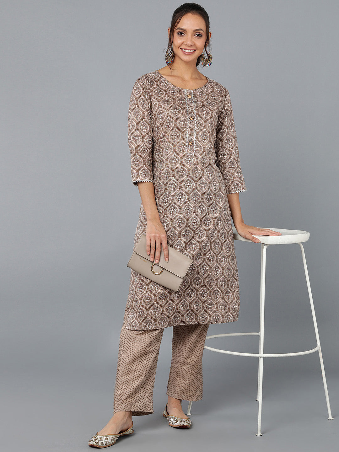 Cotton Blend Printed Straight Kurta Set (Tan)