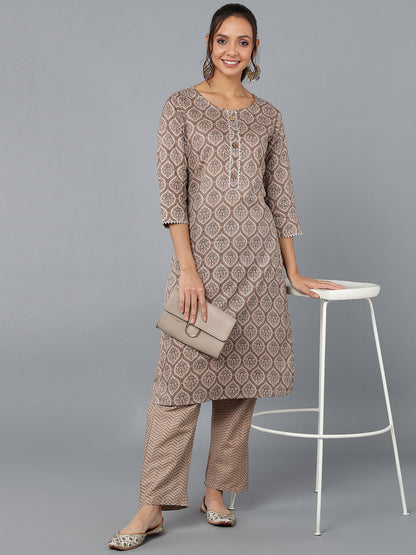 Cotton Blend Printed Straight Kurta Set (Tan)