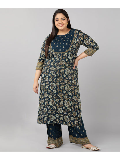 Rayon Floral Print Straight Kurta Set (Navy)