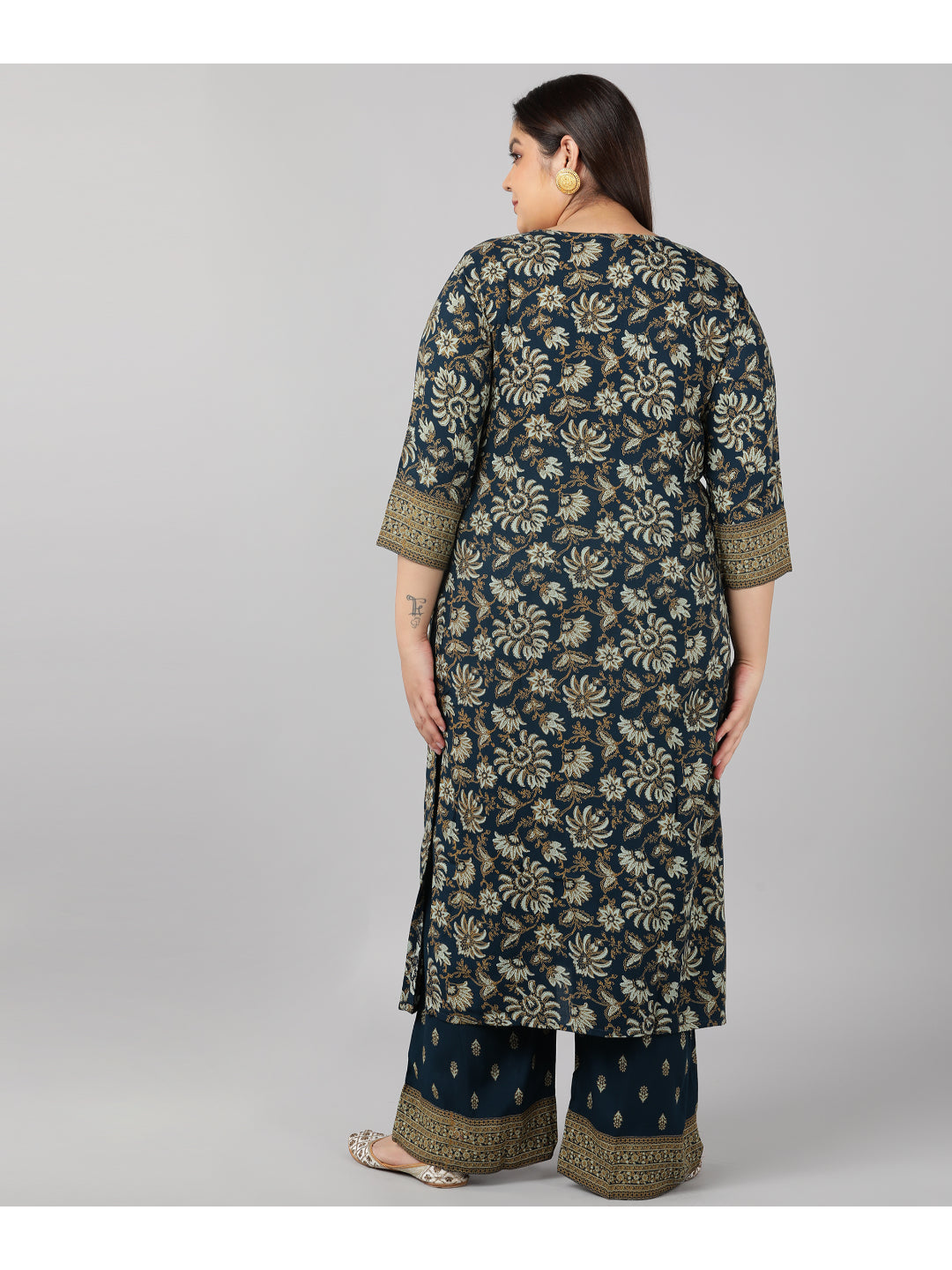 Rayon Floral Print Straight Kurta Set (Navy)