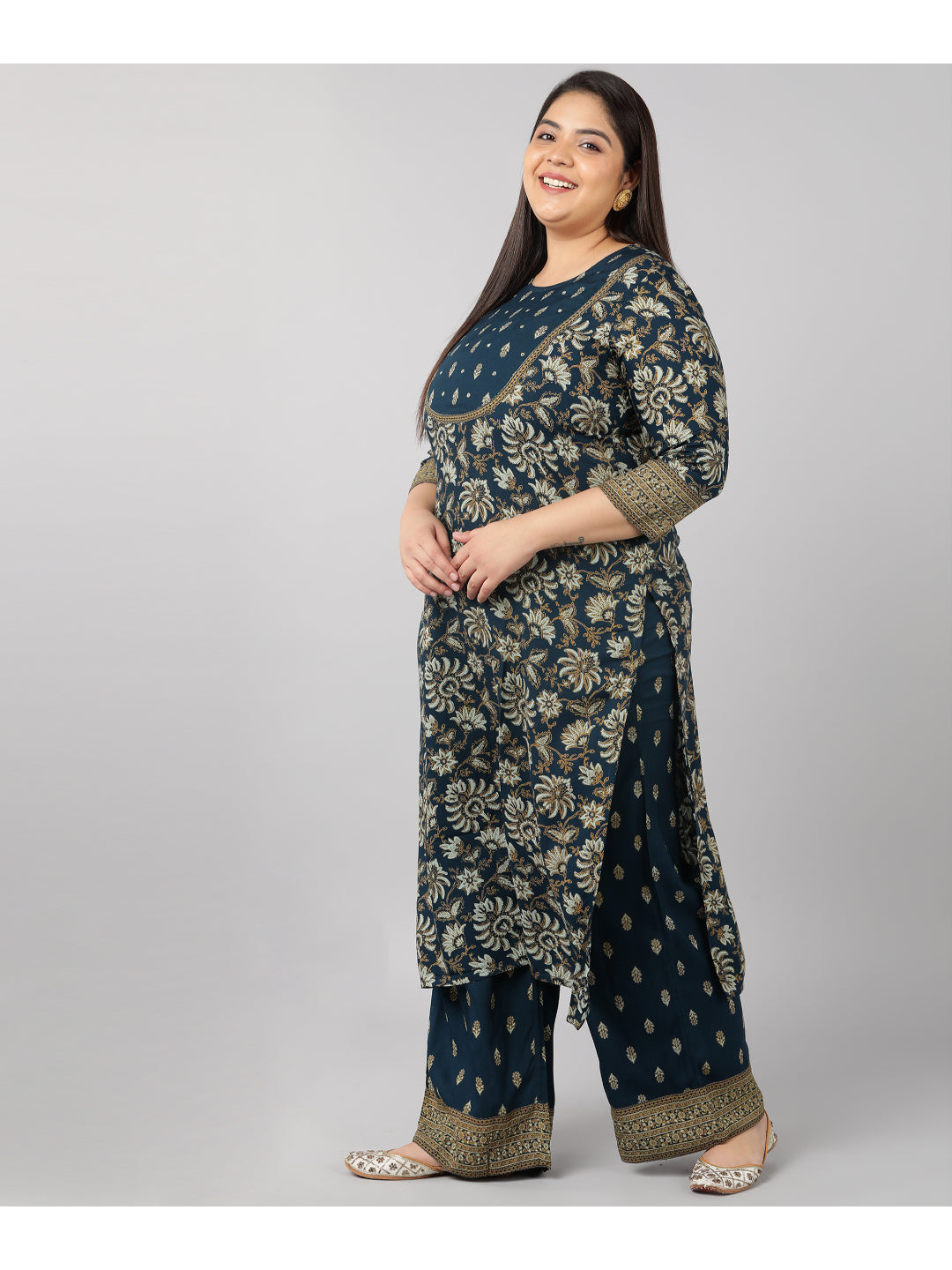 Rayon Floral Print Straight Kurta Set (Navy)