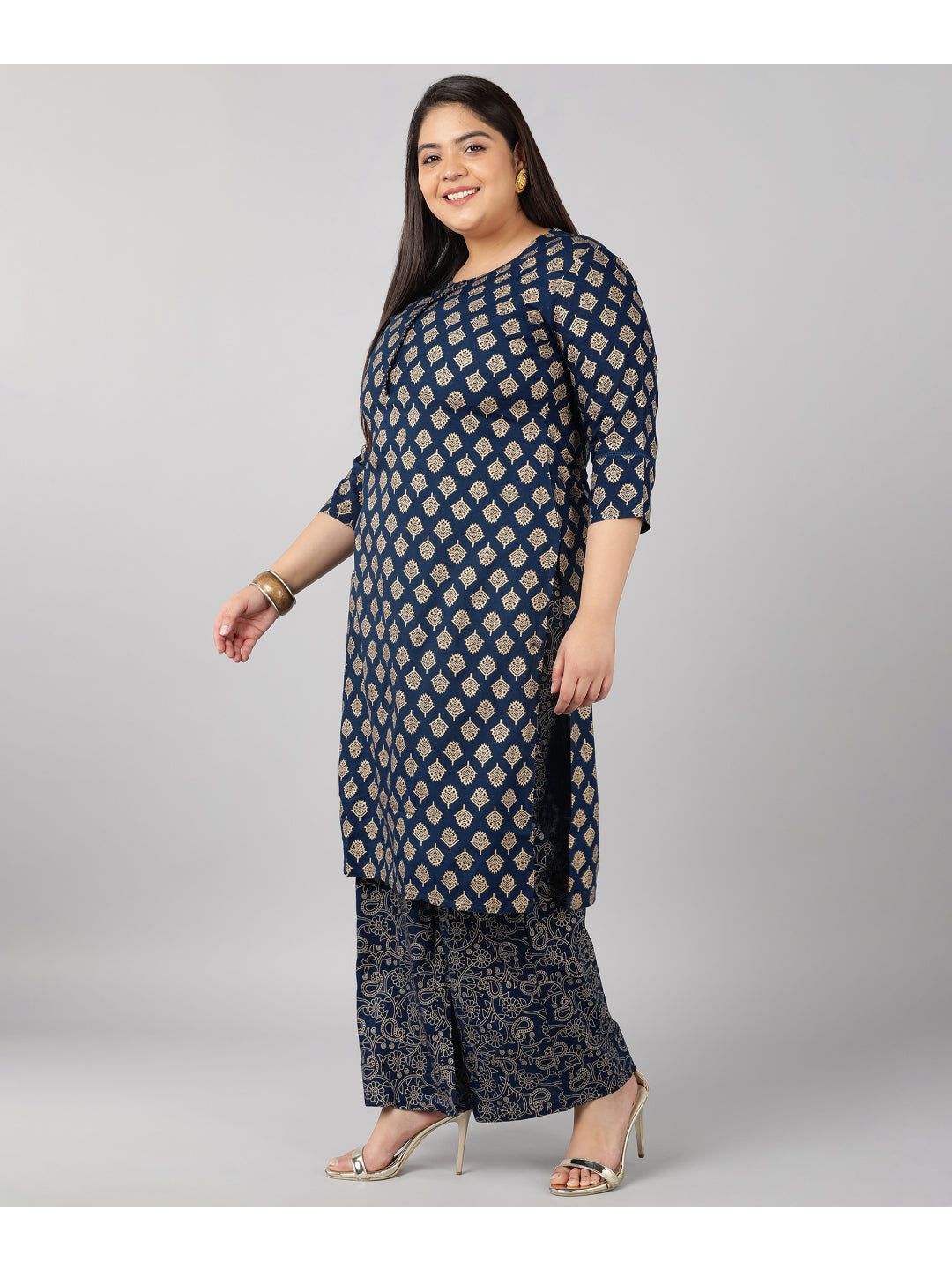 Rayon Gold Print Straight Kurta Set (Teal)