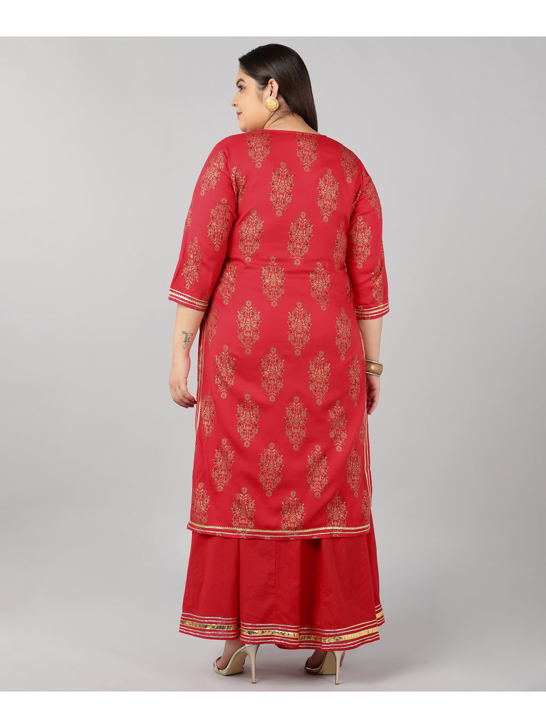 Rayon Gold Print Regular Kurta Set (Peach)