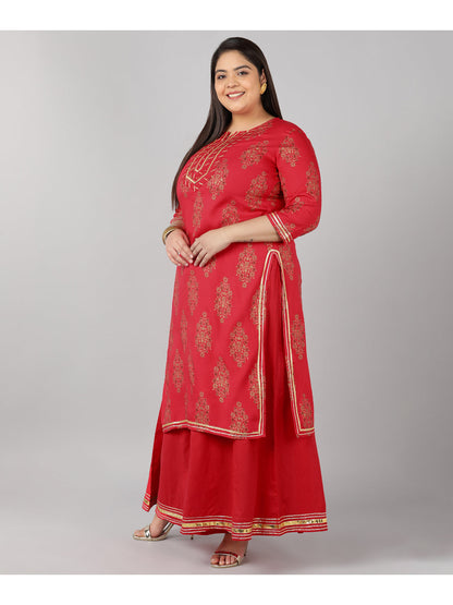 Rayon Gold Print Regular Kurta Set (Peach)