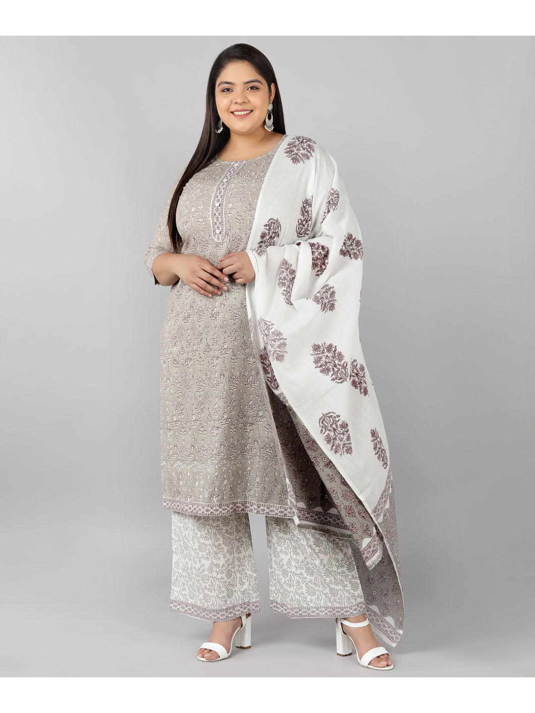 Cotton Printed Straight Kurta Set (Grey)