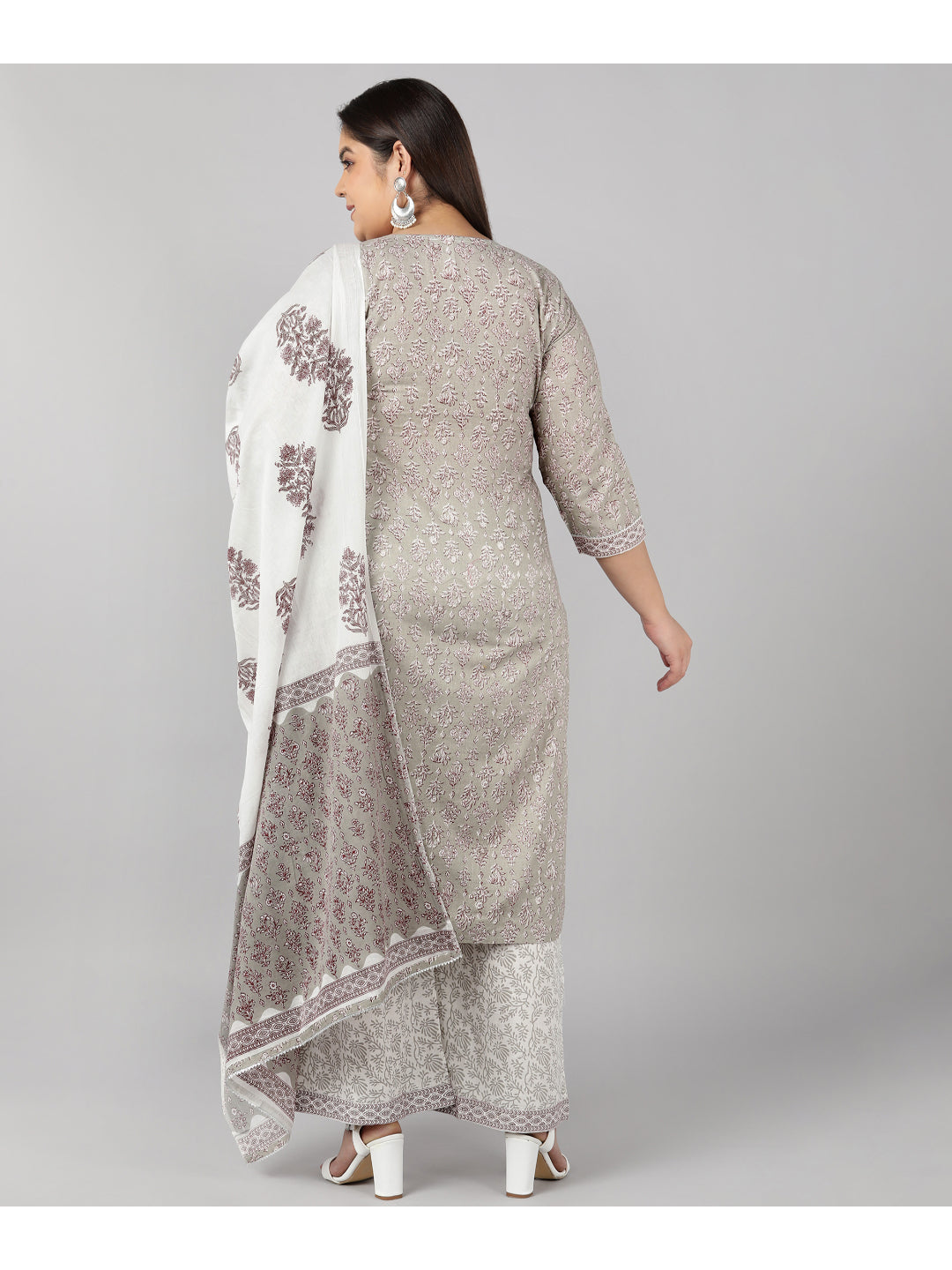 Cotton Printed Straight Kurta Set (Grey)