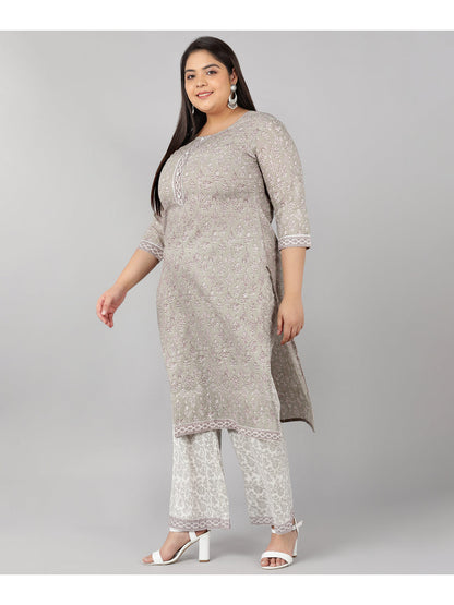 Cotton Printed Straight Kurta Set (Grey)