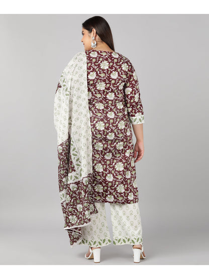 Cotton Printed Flared Kurta Set (Maroon)