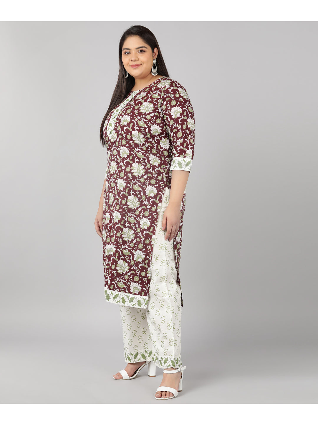 Cotton Printed Flared Kurta Set (Maroon)