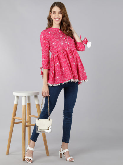 Rayon Printed Peplum Top (Pink)