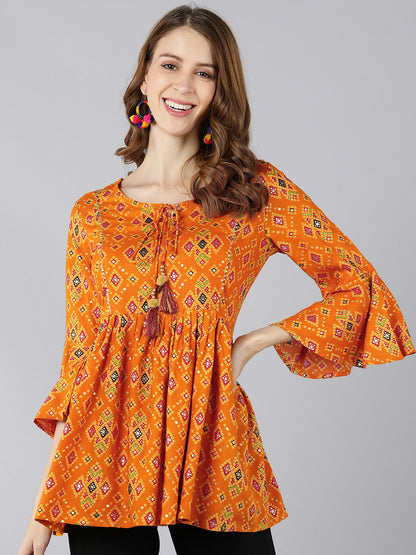 Rayon Printed Peplum Top (Orange)