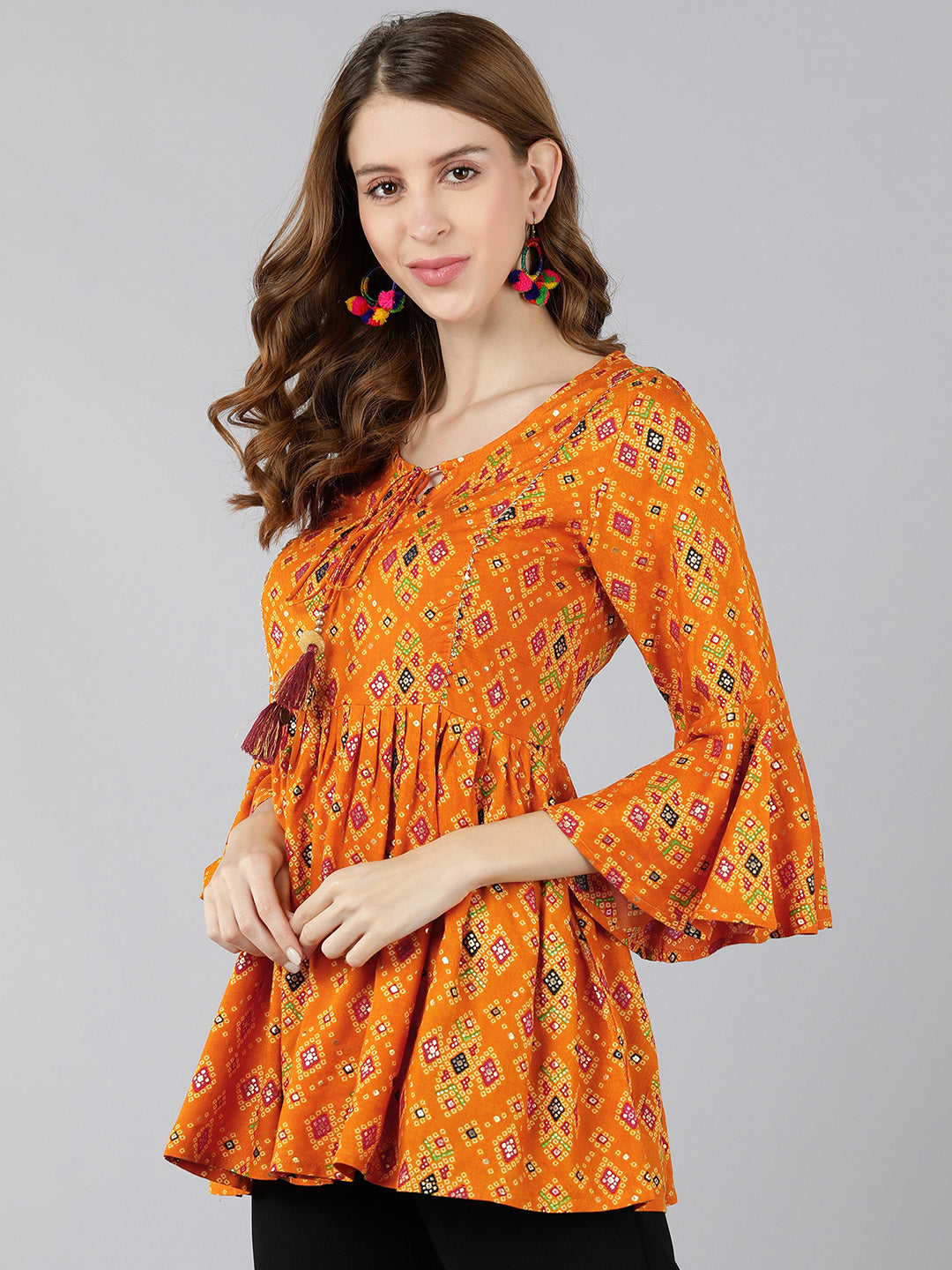 Rayon Printed Peplum Top (Orange)