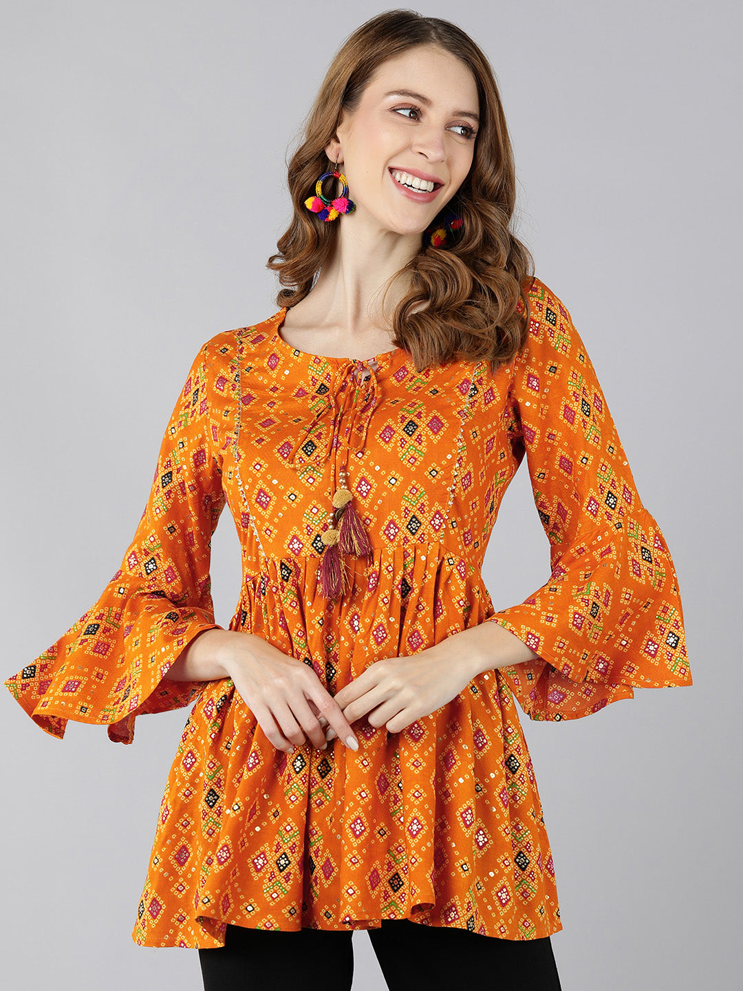 Rayon Printed Peplum Top (Orange)