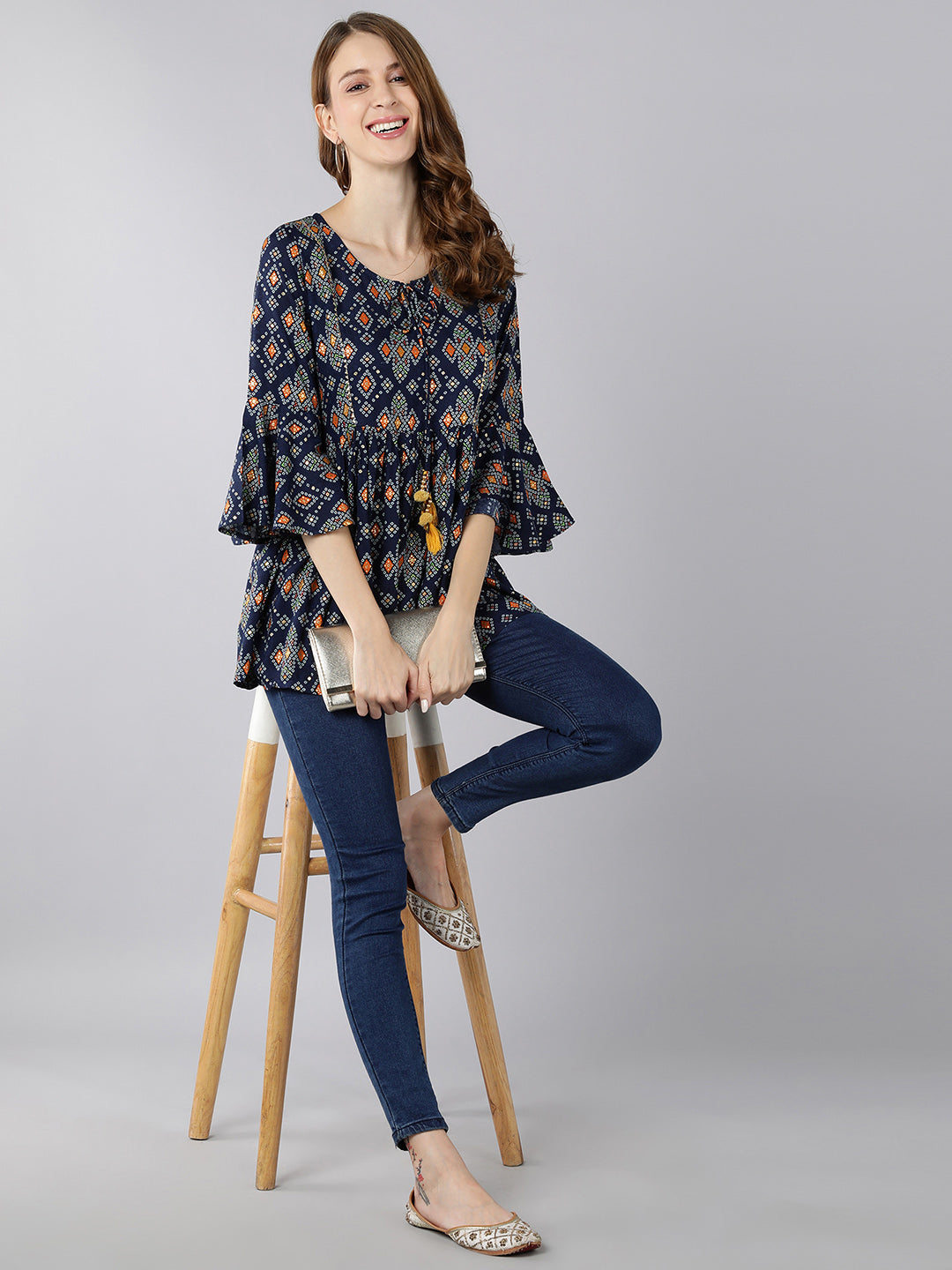 Rayon Printed Peplum Top (Blue)