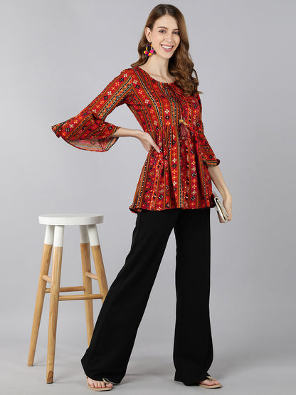 Rayon Printed Peplum Top (Red)