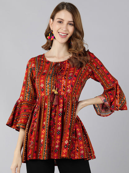 Rayon Printed Peplum Top (Red)