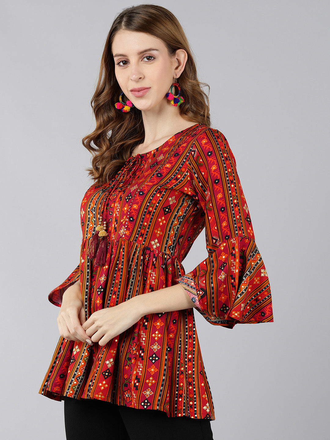 Rayon Printed Peplum Top (Red)