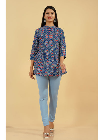 Cotton Geometric Print Regular Top (Blue)