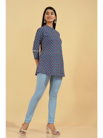 Cotton Geometric Print Regular Top (Blue)