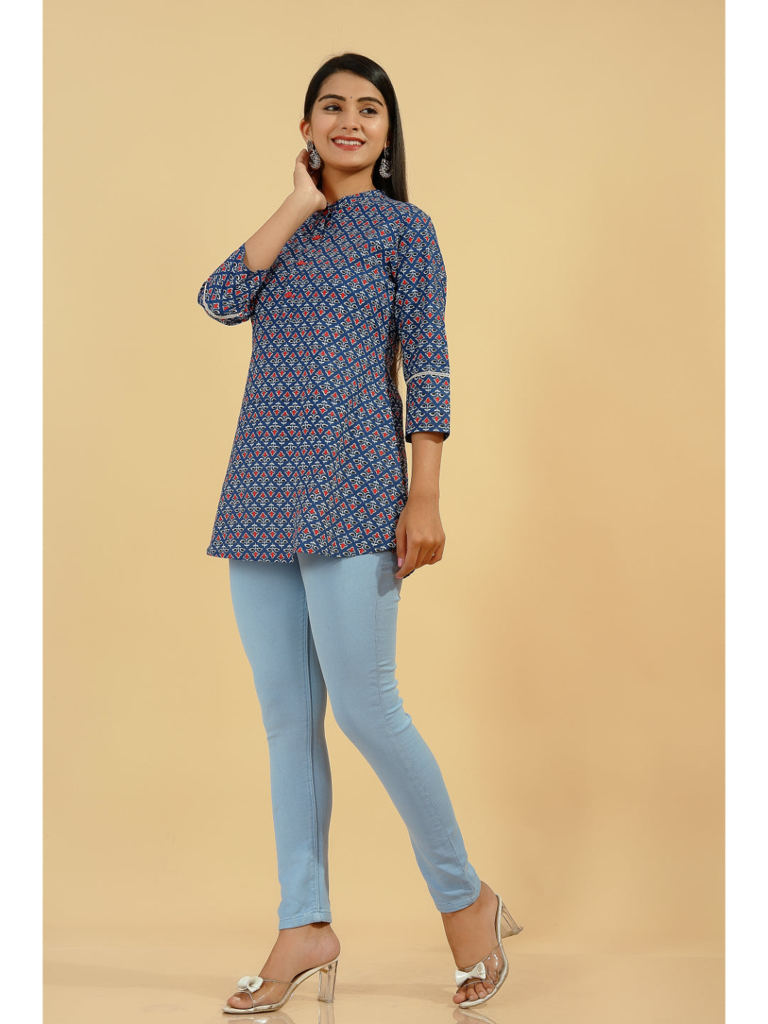 Cotton Geometric Print Regular Top (Blue)