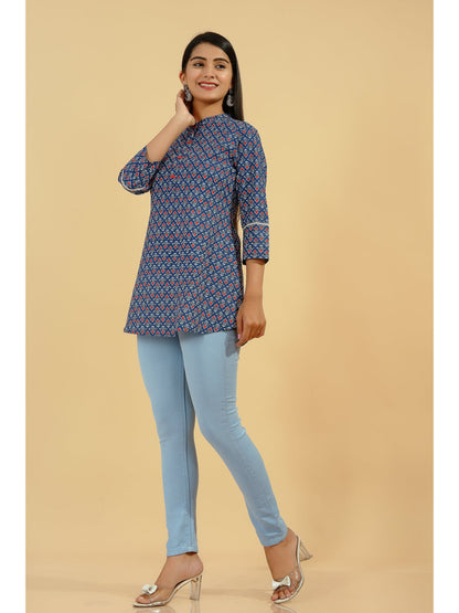 Cotton Geometric Print Regular Top (Blue)