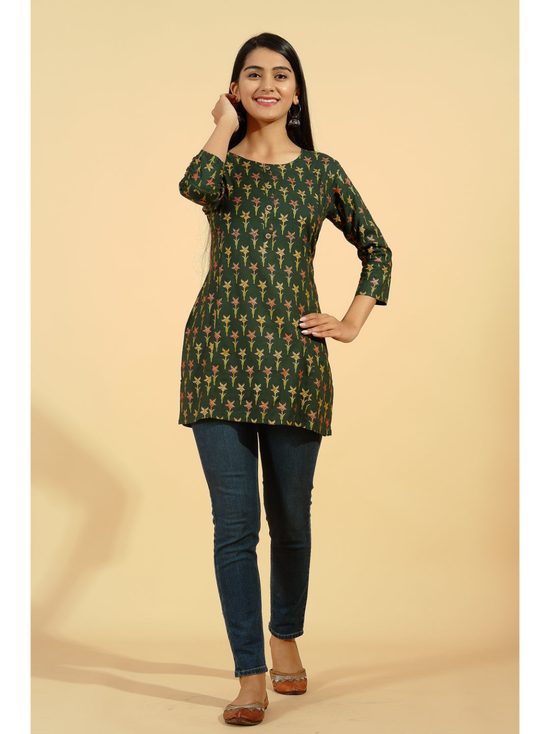 Rayon Printed Straight Tunic (Dark Green)