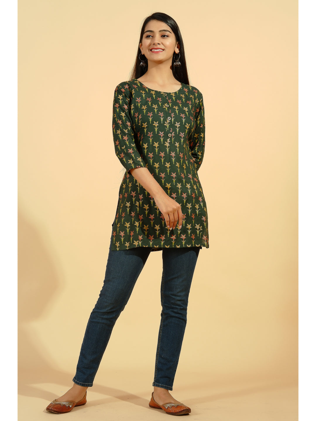 Rayon Printed Straight Tunic (Dark Green)