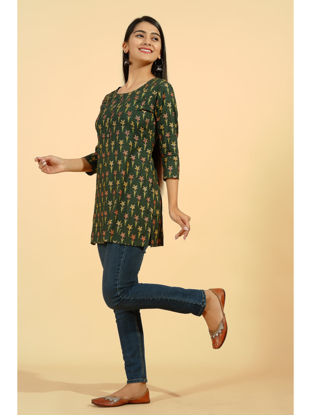 Rayon Printed Straight Tunic (Dark Green)