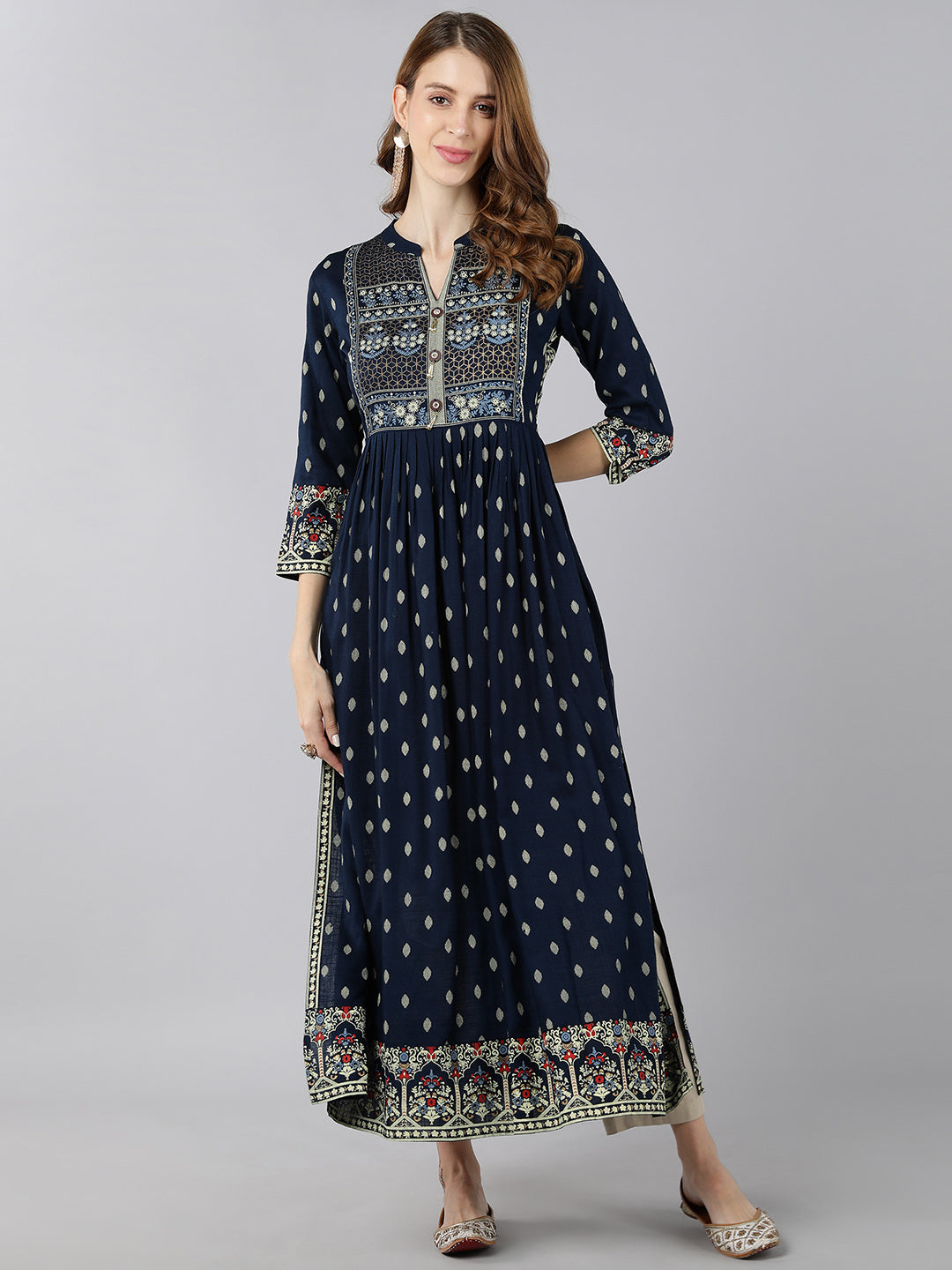 Rayon Block Print A-Line Kurta (Navy Blue)