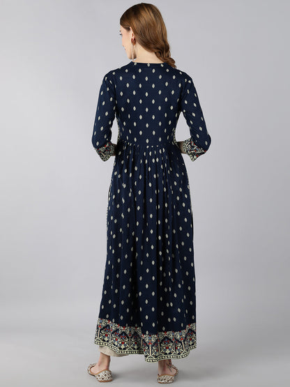 Rayon Block Print A-Line Kurta (Navy Blue)