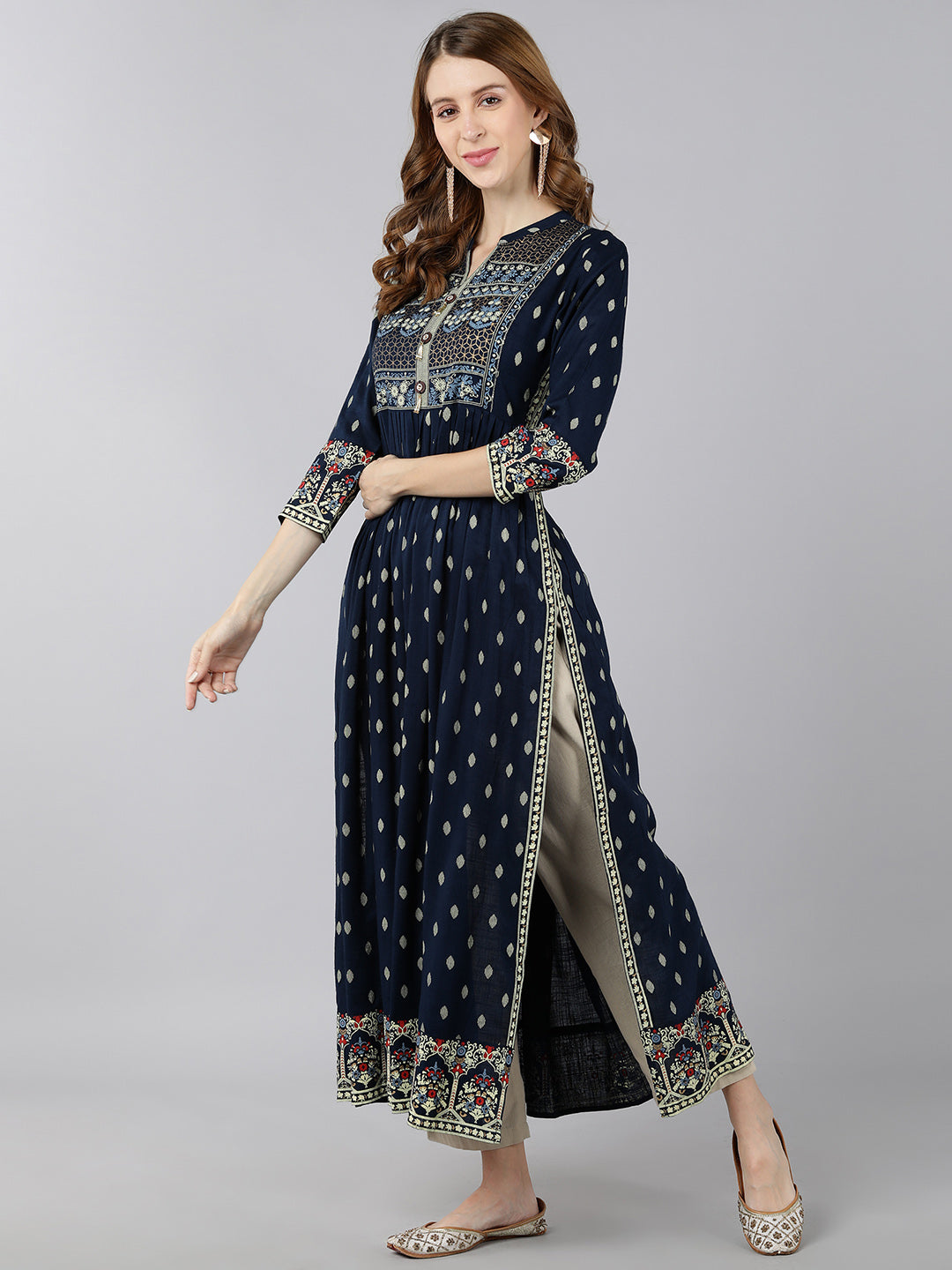 Rayon Block Print A-Line Kurta (Navy Blue)