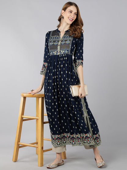 Rayon Block Print A-Line Kurta (Navy Blue)