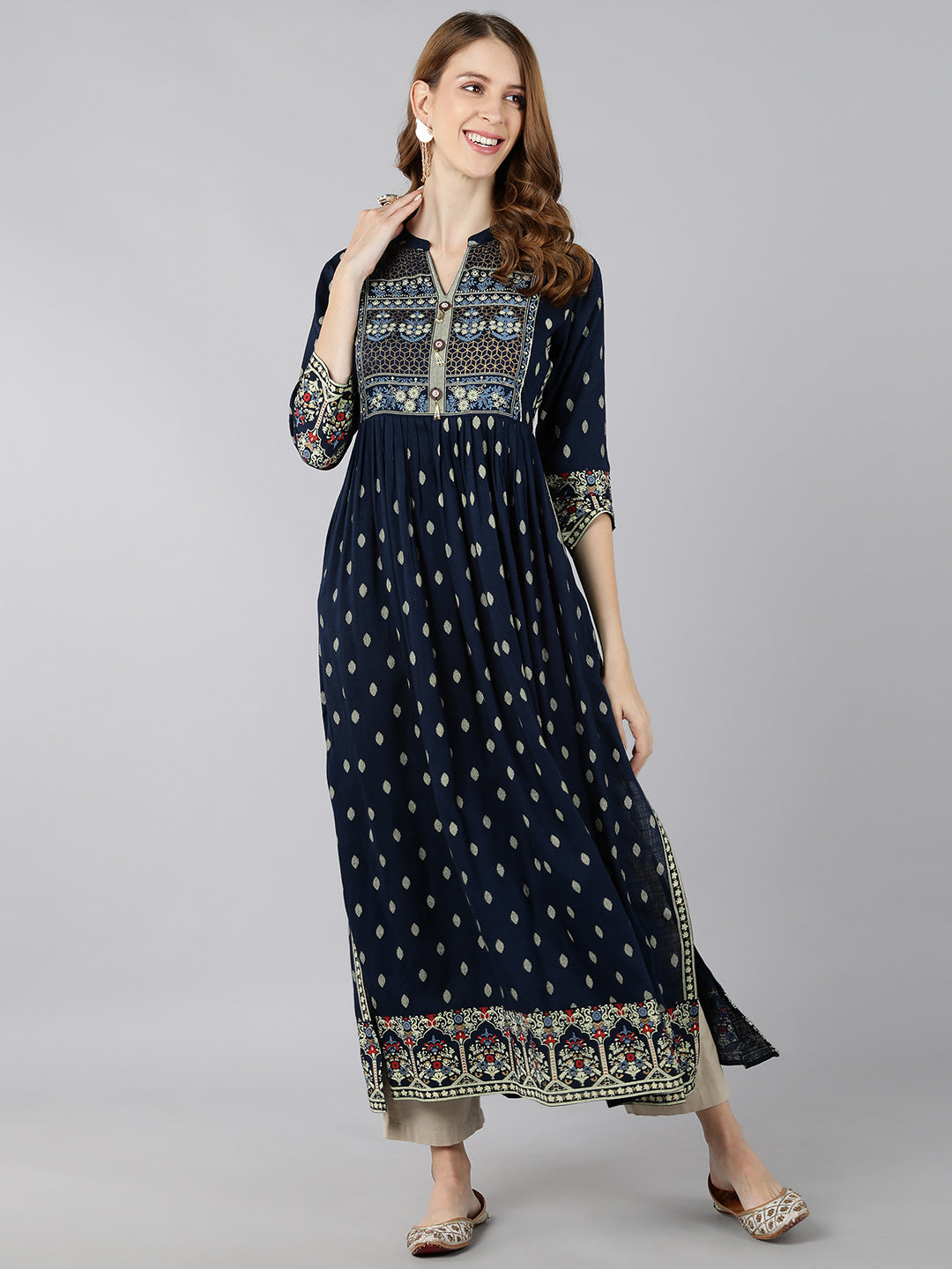 Rayon Block Print A-Line Kurta (Navy Blue)