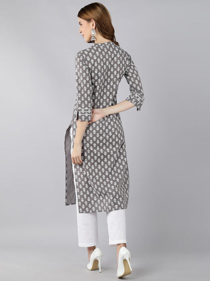 Cotton Block Print Straight Kurta (Grey)