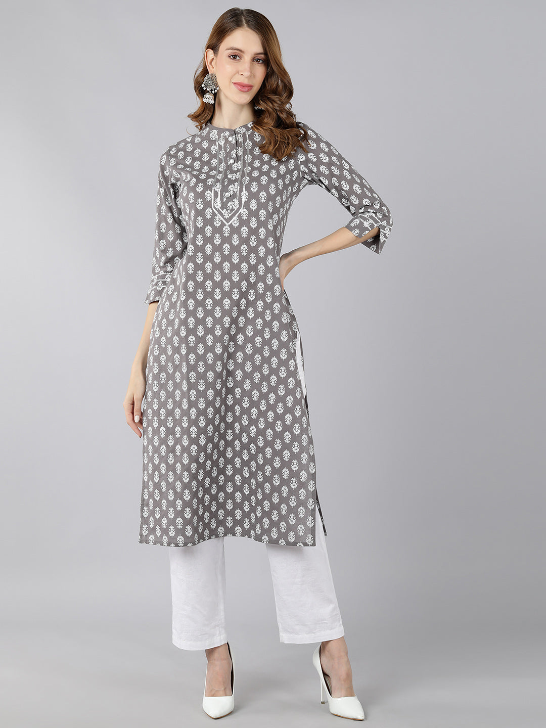 Cotton Block Print Straight Kurta (Grey)