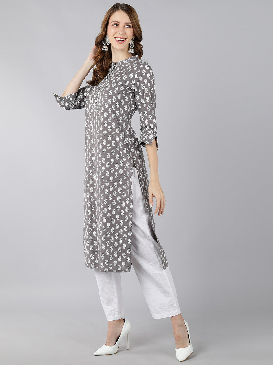 Cotton Block Print Straight Kurta (Grey)